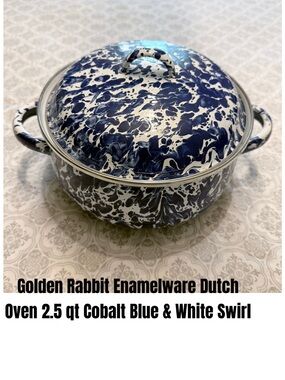 Golden Rabbit Enamelware Dutch Oven 2.5 qt Cobalt Blue & White Swirl